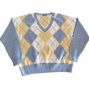 Vineyard Vines Argyle Pullover Sweater Cashmere V Neck Blue Yellow White Women S